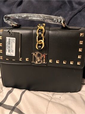 Badgley Mischka Black Crossbody Top-Handle Bag with Gold Chain and Studs